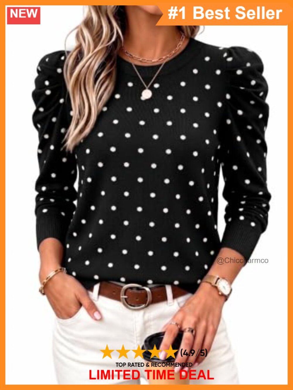 Womens Long Sleeve Puff Sleeve Knit Pullover Sweater Crew Neck